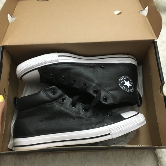 converse black leather high tops mens